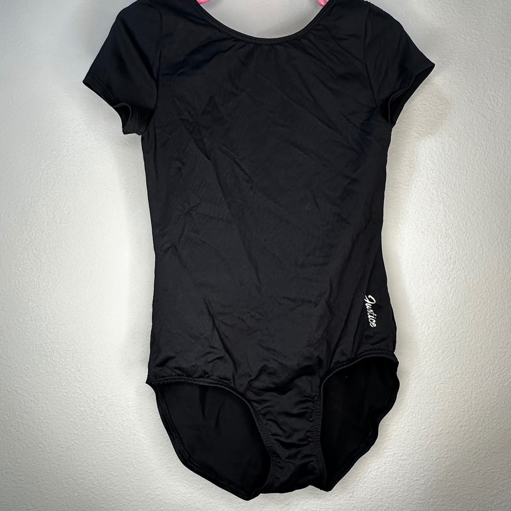 Justice Black Short Sleeve Leotard Girls S‎ 7 8 Gymnastics Dance Bow Back